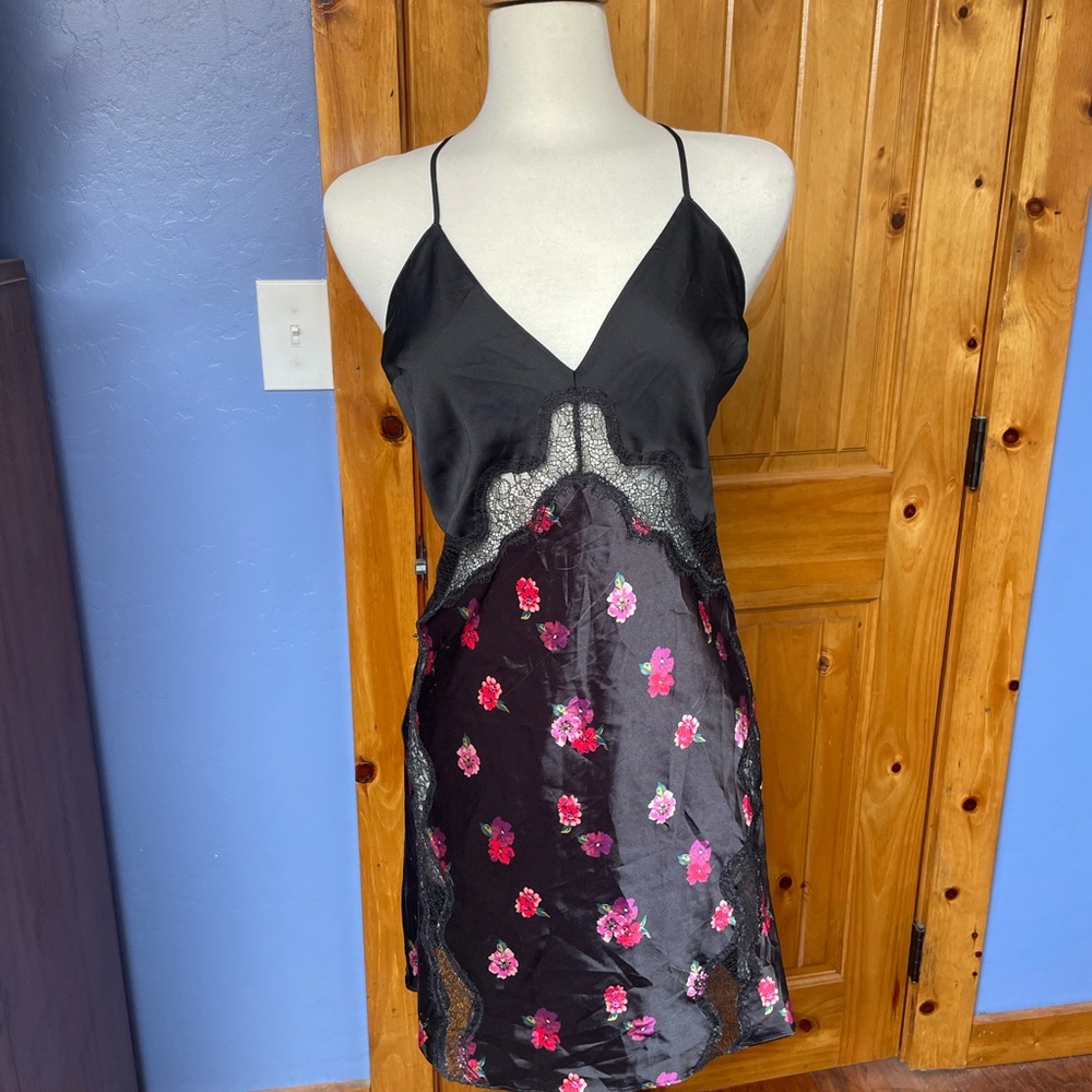 Elegant Black and Pink Floral Lace Slip Dress